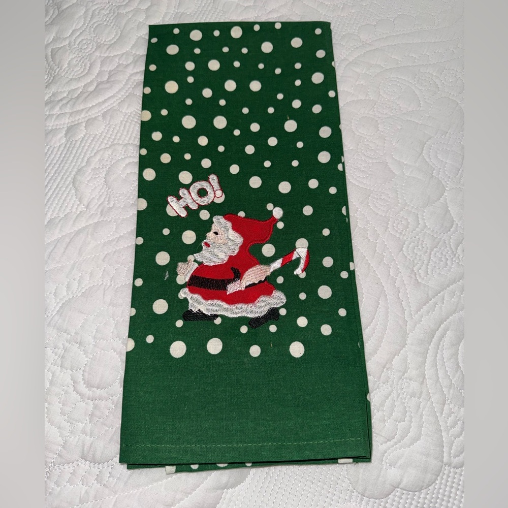 Lillian Vernon Christmas Tea Towel Applique Ho Santa Green Red Gold White